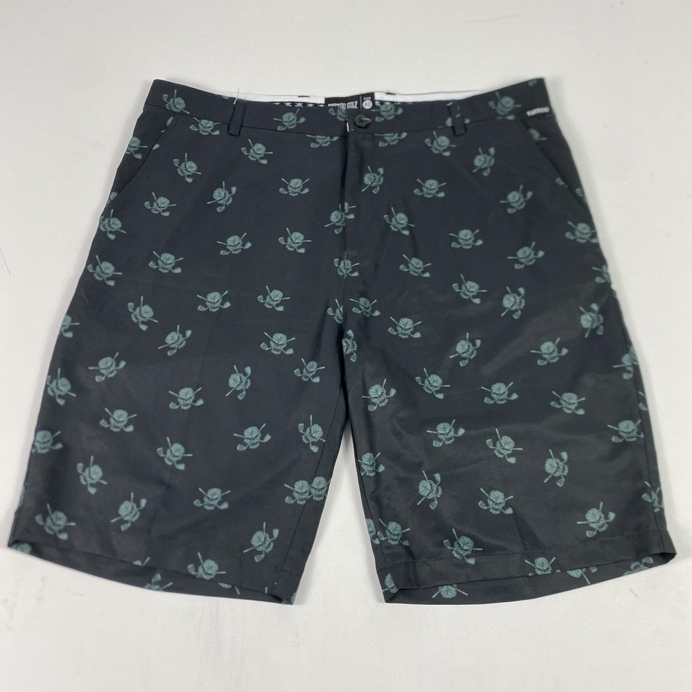 Tattoo Golf Shorts Mens 40 Black Skull Crossed Clubs Performance Golf Print